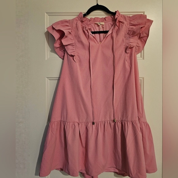New Entro Pink Ruffled Midi Dress with Pockets sz medium - Picture 2 of 4